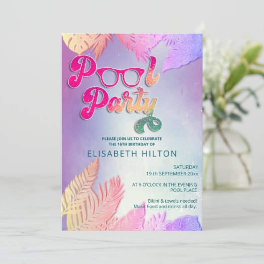Cool leuk zomerscript poolparty verjaardag kaart (Staand voorkant)