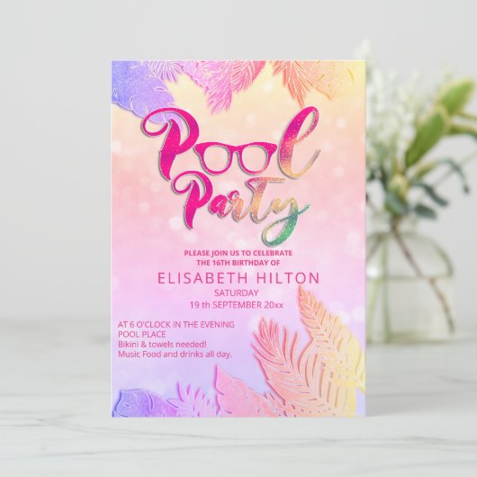 Cool leuk zomerscript poolparty verjaardag kaart (Staand voorkant)