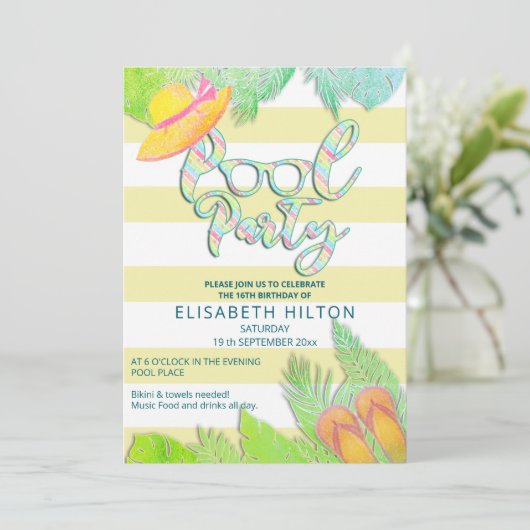 Cool leuk zomerscript poolparty verjaardag kaart (Staand voorkant)