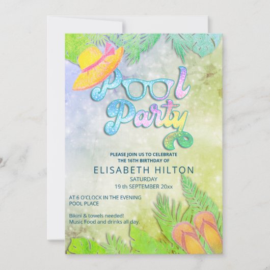 Cool leuk zomerscript poolparty verjaardag kaart (Voorkant)