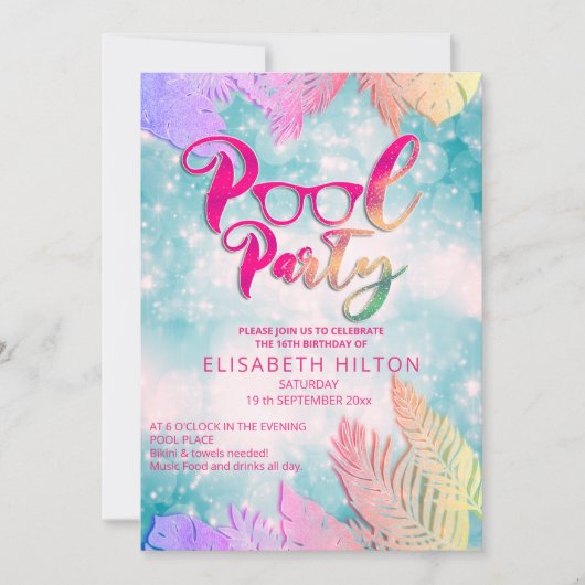Cool leuk zomerscript poolparty verjaardag kaart (Voorkant)