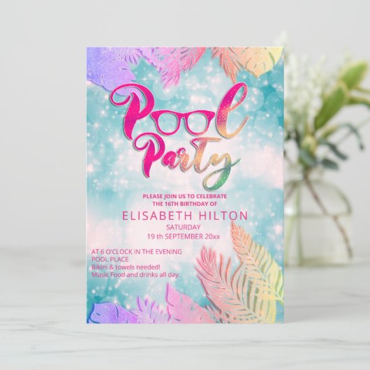 Cool leuk zomerscript poolparty verjaardag kaart (Staand voorkant)