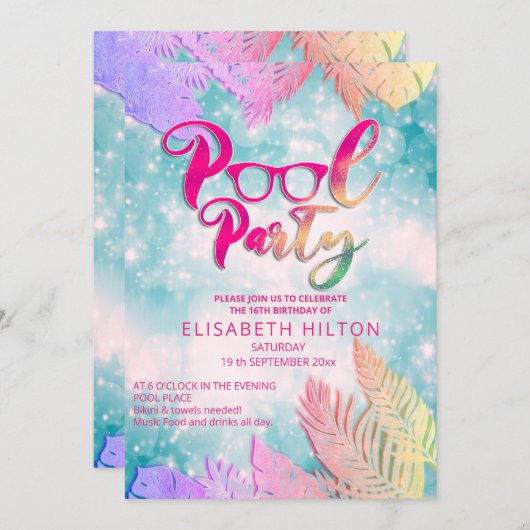 Cool leuk zomerscript poolparty verjaardag kaart (Voorkant / Achterkant)