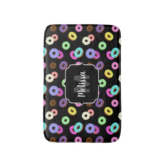 Cool leuke kleurrijke donuts patroon zwart Monogra Badmat (Voorkant Verticaal)