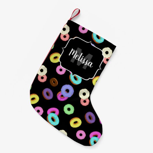 Cool leuke kleurrijke donuts patroon zwart Monogra Kleine Kerstsok (Voorkant (Hangend))