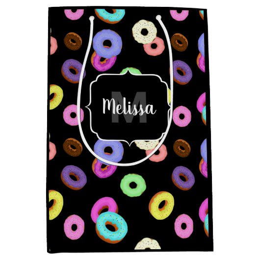 Cool leuke kleurrijke donuts patroon zwart Monogra Medium Cadeauzakje (Voorkant)