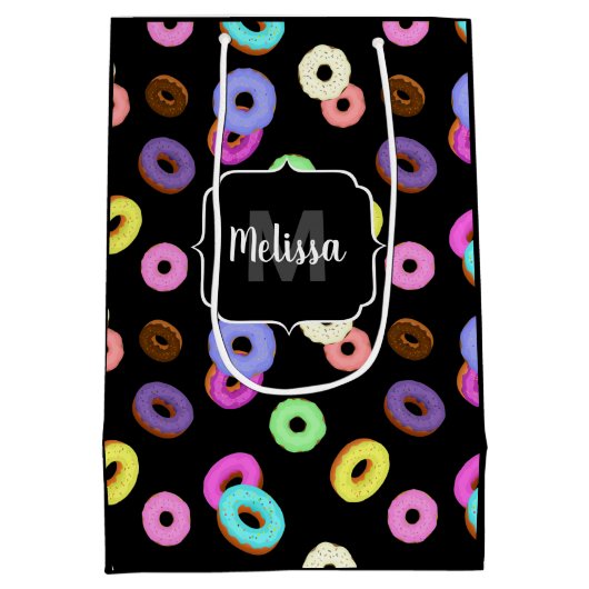 Cool leuke kleurrijke donuts patroon zwart Monogra Medium Cadeauzakje (Achterkant)