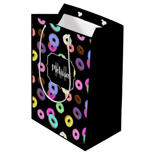 Cool leuke kleurrijke donuts patroon zwart Monogra Medium Cadeauzakje (Achterkant Gekanteld)