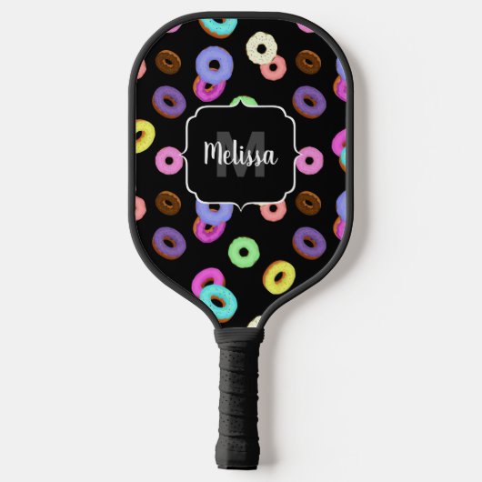 Cool leuke kleurrijke donuts patroon zwart Monogra Pickleball Paddle (Achterkant)