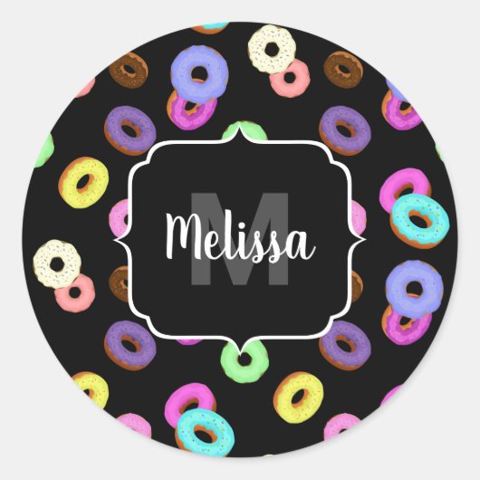 Cool leuke kleurrijke donuts patroon zwart Monogra Ronde Sticker (Voorkant)