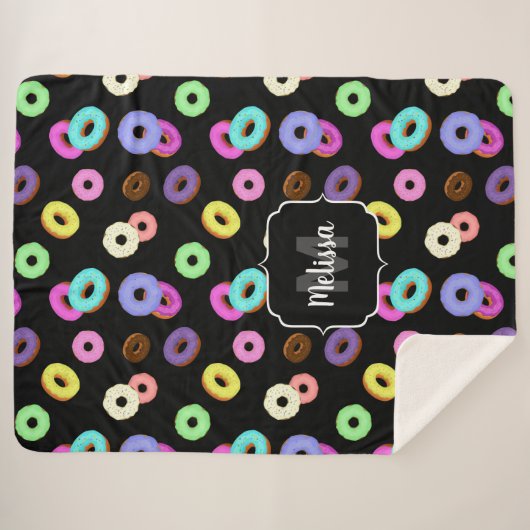 Cool leuke kleurrijke donuts patroon zwart Monogra Sherpa Deken (Voorkant (horizontaal))