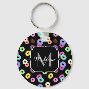 Cool leuke kleurrijke donuts patroon zwart Monogra Sleutelhanger