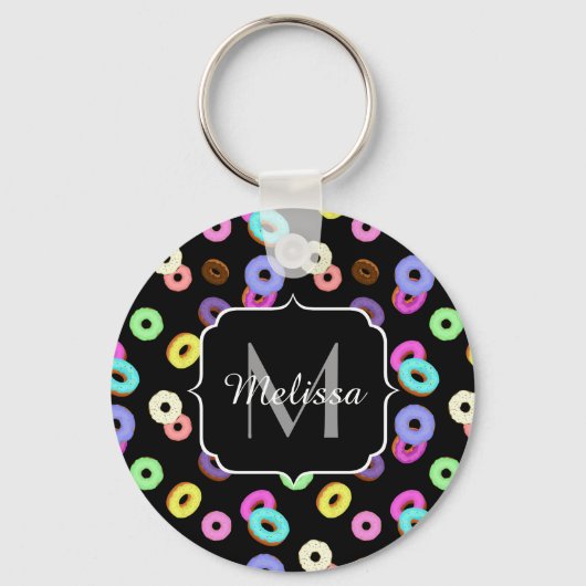 Cool leuke kleurrijke donuts patroon zwart Monogra Sleutelhanger (Voorkant)