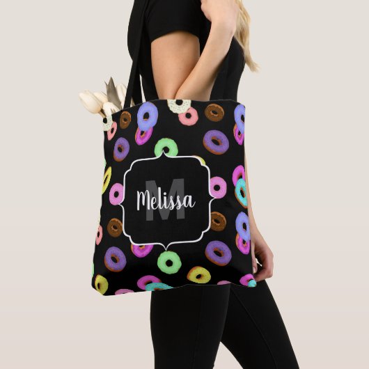Cool leuke kleurrijke donuts patroon zwart Monogra Tote Bag (Dichtbij)