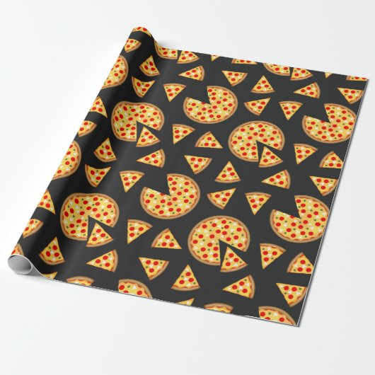 Cool leuke pizza en plakjes patroon op donkergrijs cadeaupapier (Uitgerold)