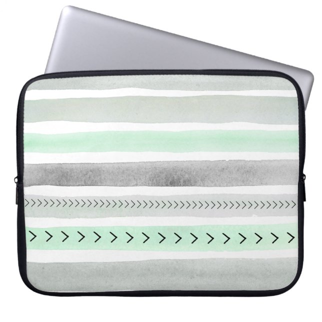 Cool Light Green Grey Waterverf Stripes Patroon Laptop Sleeve (Voorkant)