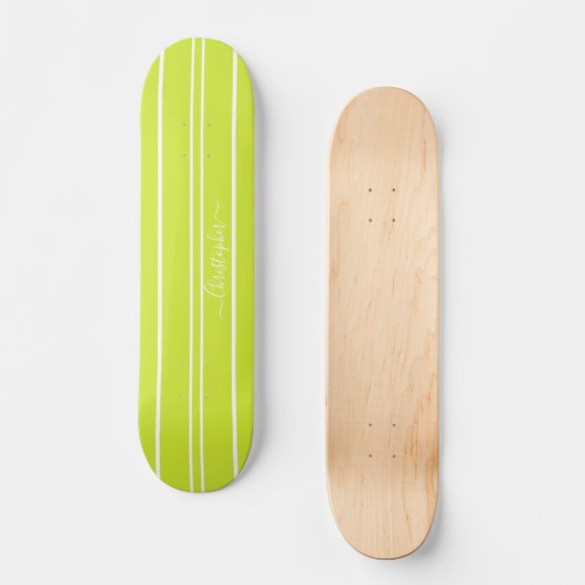 Cool Lime Green White Racing Stripes Monogramed Persoonlijk Skateboard (Voorkant)