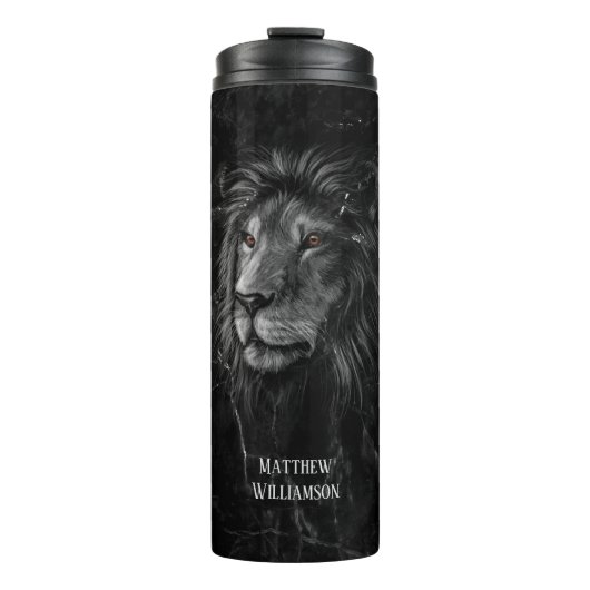 Cool Lion Black Marble Background Jouw naam Thermosbeker (Voorkant)