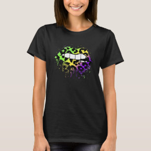 Cool Lips Bite Kiss me Leopard Print Cheetah Mardi T-shirt
