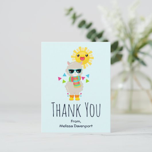 Cool Llama en het glimlachen Kawaii Sun Dank u Briefkaart (Staand voorkant)