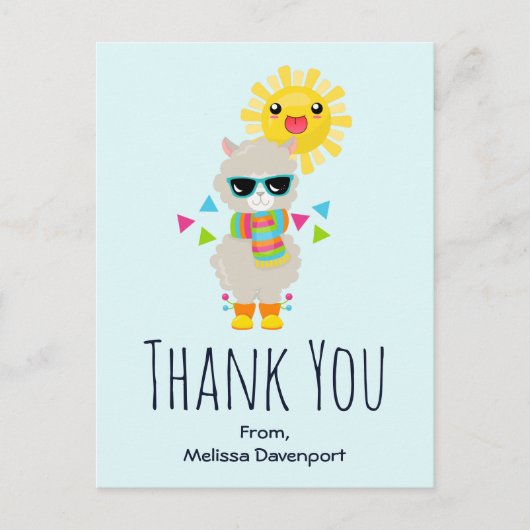 Cool Llama en het glimlachen Kawaii Sun Dank u Briefkaart (Voorkant)