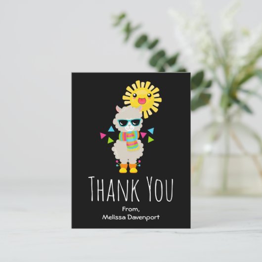 Cool Llama en het glimlachen Kawaii Sun Dank u Briefkaart (Staand voorkant)