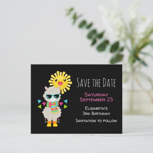 Cool Llama en het glimlachen Kawaii Sun sparen de Uitnodiging Briefkaart (Staand voorkant)