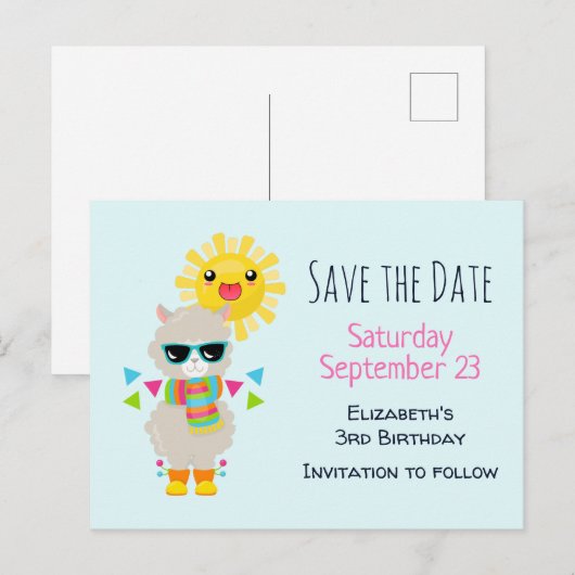 Cool Llama en het glimlachen Kawaii Sun sparen de Uitnodiging Briefkaart (Voorkant / Achterkant)