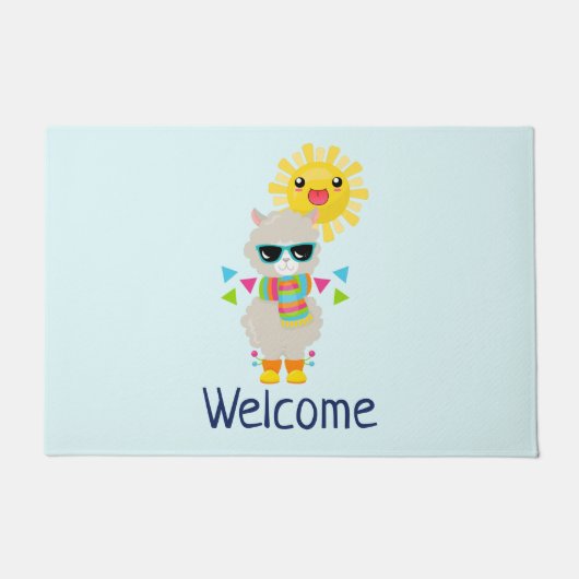 Cool Llama en Lachende Kawaii Sun Welkom Deurmat (Voorkant)