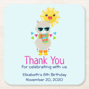 Cool Llama en Smiling Kawaii Sun Birthday Kartonnen Onderzetters