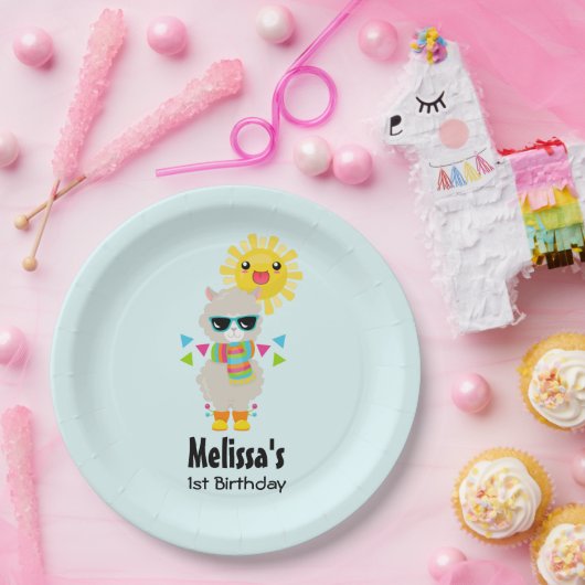 Cool Llama en Smiling Kawaii Sun Birthday Papieren Bordje (Feest)