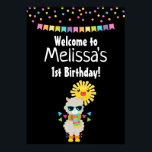 Cool Llama en Smiling Kawaii Sun Birthday Poster<br><div class="desc">Het poster van de verjaardag met een coole blikvanger met een donkere zonnebril. Verkleed in een kleurrijke gestreepte sjaal en leuke kleine laarzen. Een heldere gele zon met een gelukkig kawaii-gezicht op de achtergrond. Fantastische kleurrijke driehoeken omringen deze leuke, liefhebbende lama. Kleurrijk confetti en een bundelbanner en een feestelijke aanraking....</div>