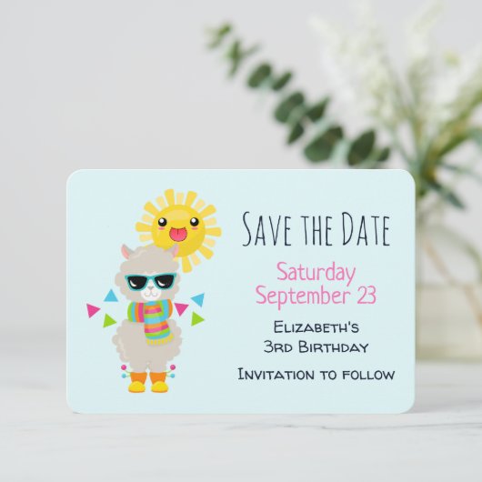 Cool Llama en Smiling Kawaii Sun Birthday Save The Date (Staand voorkant)