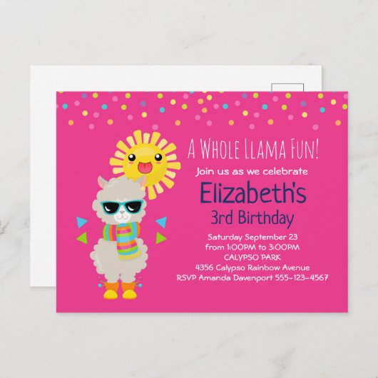 Cool Llama en Smiling Kawaii Sun Birthday Uitnodiging Briefkaart (Voorkant / Achterkant)