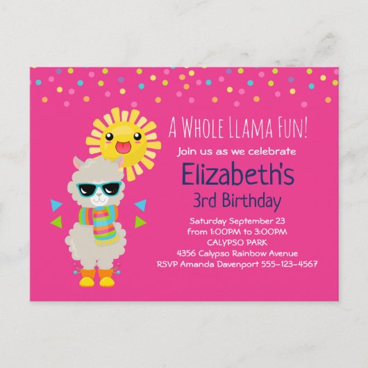 Cool Llama en Smiling Kawaii Sun Birthday Uitnodiging Briefkaart (Voorkant)