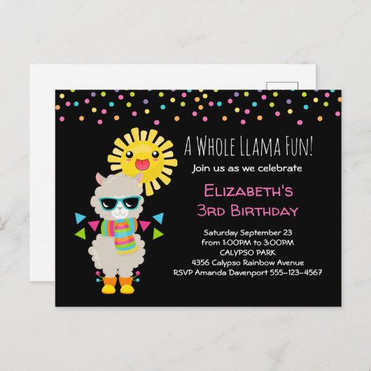 Cool Llama en Smiling Kawaii Sun Birthday Uitnodiging Briefkaart (Voorkant / Achterkant)