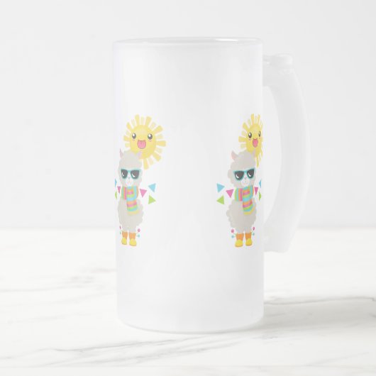 Cool Llama en Smiling Kawaii Sun Matglas Bierpul (Voorkant rechts)