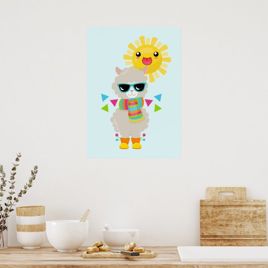 Cool Llama en Smiling Kawaii Sun Poster (Keuken)