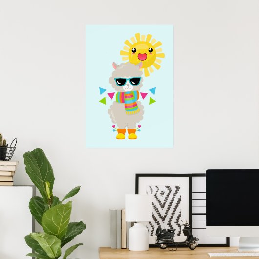 Cool Llama en Smiling Kawaii Sun Poster (Thuiskantoor)
