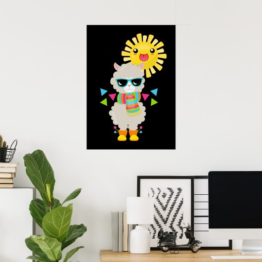 Cool Llama en Smiling Kawaii Sun Poster (Thuiskantoor)