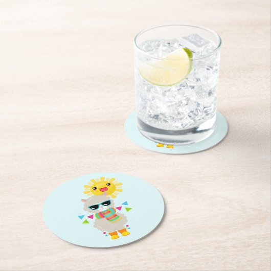 Cool Llama en Smiling Kawaii Sun Ronde Kartonnen Onderzetter (Insitu)
