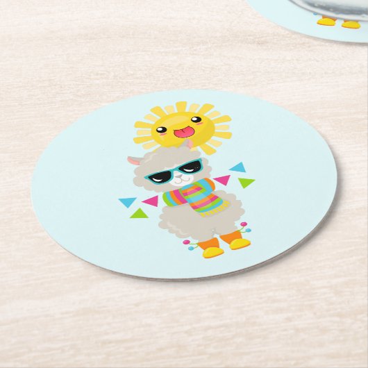 Cool Llama en Smiling Kawaii Sun Ronde Kartonnen Onderzetter (Gebogen)
