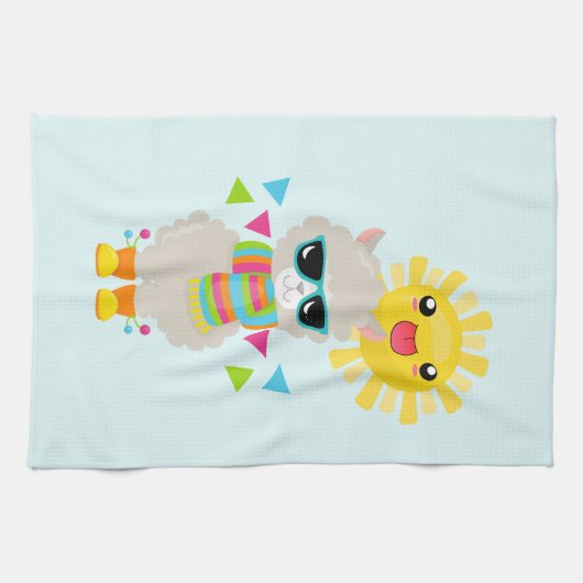 Cool Llama en Smiling Kawaii Sun Theedoek (Horizontaal)