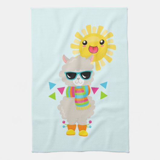 Cool Llama en Smiling Kawaii Sun Theedoek (Verticaal)