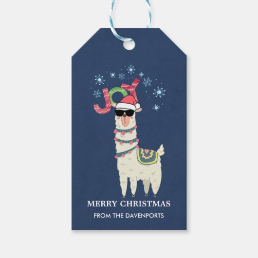 Cool Llama in Santa Hat met Snowflakes kerst Cadeaulabel (Voorkant)