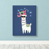 Cool Llama in Santa Hat met Snowflakes kerst Canvas Afdruk (Insitu (Houten vloer))