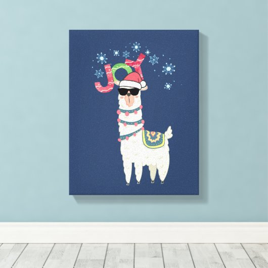Cool Llama in Santa Hat met Snowflakes kerst Canvas Afdruk (Insitu (Houten vloer))