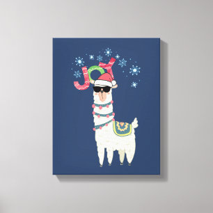 Cool Llama in Santa Hat met Snowflakes kerst Canvas Afdruk