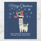 Cool Llama in Santa Hat met Snowflakes kerst Wijn Etiket (Enkel label)