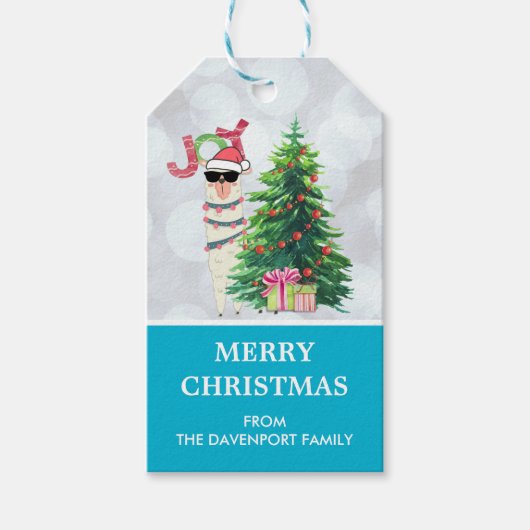 Cool Llama op Silver Bokeh en Icy Blue Kerstmis Cadeaulabel (Voorkant)